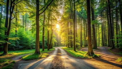 A breathtaking view of a crossroad surrounded by tall trees and green foliage in the midst of a sunlit summer forest, intersection, sunlit, exploration, tranquility, sunlight, summer