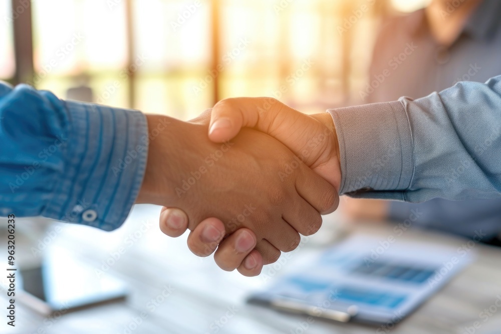 Poster two people shaking hands in front of a table with a stack of papers. scene is professional and forma