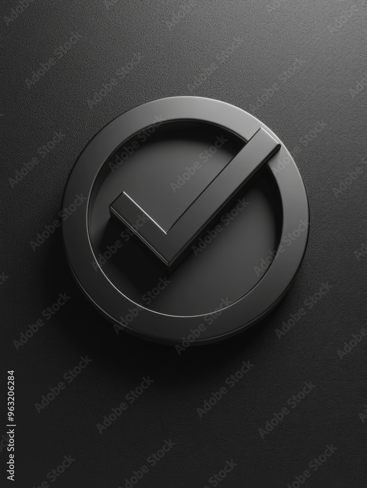 Poster a black check mark with a black border. the check mark is a symbol of approval or completion