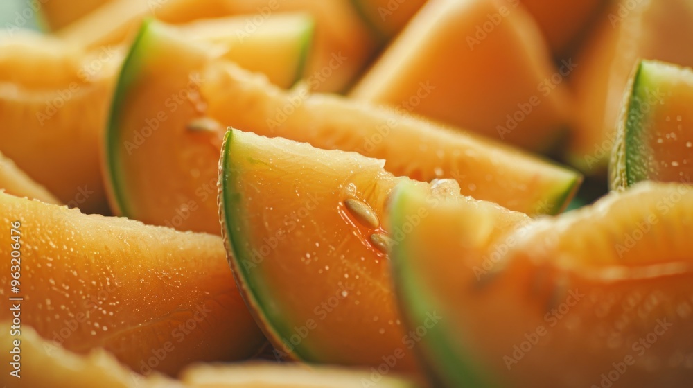 Poster a close up of a bunch of cantaloupe slices. the slices are cut in half and are arranged in a way tha