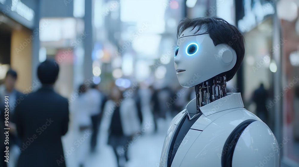 Fototapete AI robotic Artificial Intelligence businessman using AI chatbot for conversation with human Futuristic technology and digital communication concept : Generative AI
