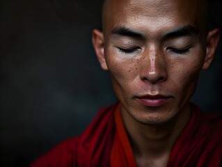 Obraz premium Pensive Buddhist Monk in Contemplative Red Robe with Eyes Closed During Meditation
