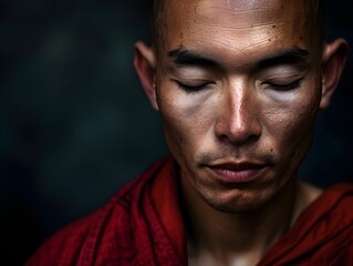 Fototapeta premium Serene Monk in Deep Contemplation Immersed in Spiritual Devotion
