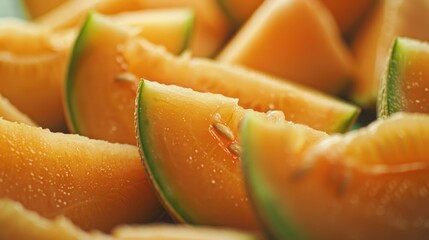 A close up of a bunch of cantaloupe slices. The slices are cut in half and are arranged in a way that they look like they are on a plate