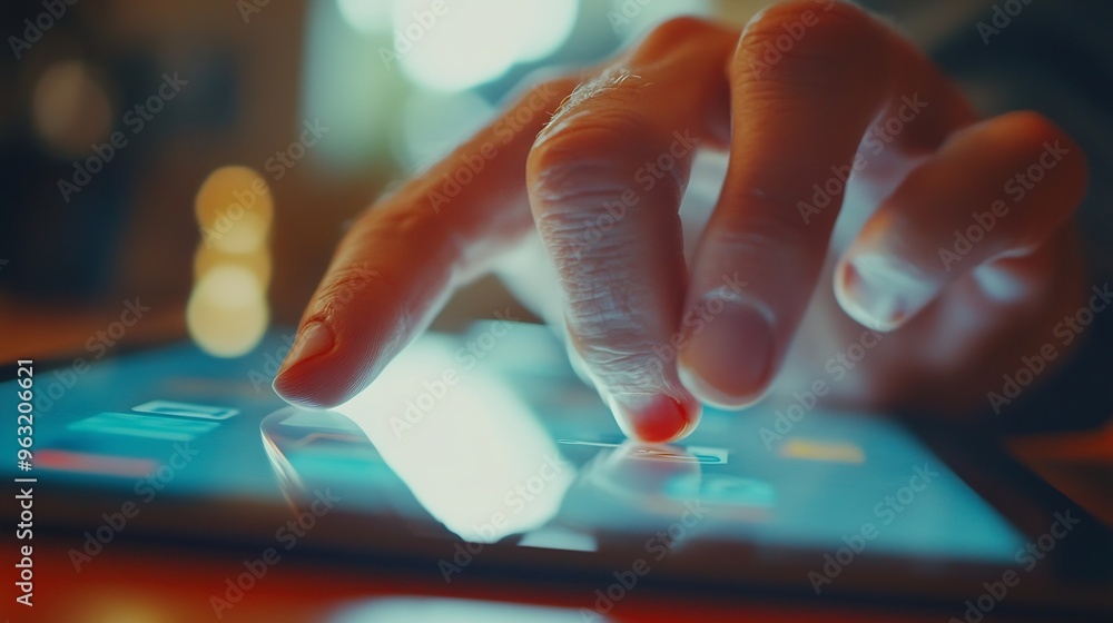 Poster close up businessman hand press on digital tablet screen to use ppc in affiliated program and SEO function to make money online for social media marketing and technology concept : Generative AI