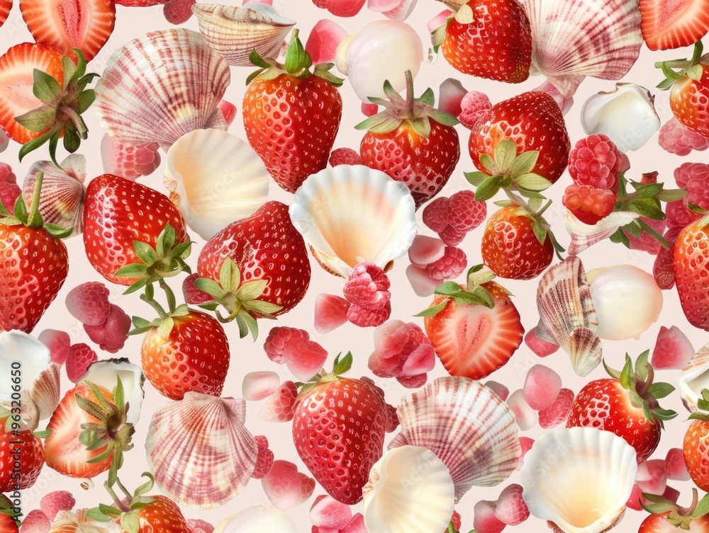 Poster a close up of strawberries and raspberries with a shell in the middle. the image has a playful and w