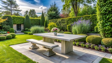 backyard, nature, elegance, surroundings, residential, A beautifully landscaped house garden with a marble table and bench reflecting the serenity and elegance of the surroundings