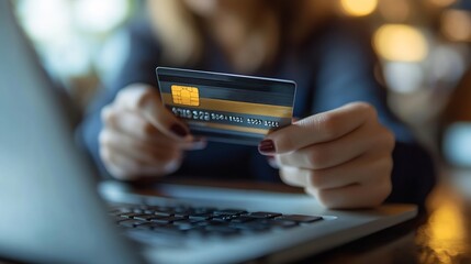 Woman credit card and laptop for online shopping ecommerce and virtual store or shop on website Entrepreneur technology and digital payment for b2b dropshipping and business with produ : Generative AI