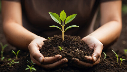 Close-up of Hands Holding Soil with a Young Plant Growing