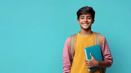 Full body side view happy young teen Indian boy student wear casual clothes backpack bag hold books do winner gesture isolated on plain pastel blue background High school university co : Generative AI