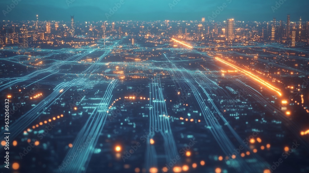 Poster visualization of electric waves coursing through a futuristic power grid, illustrating the concept o