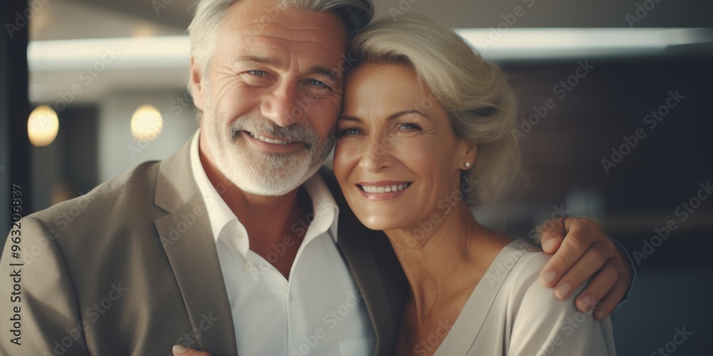 Wall mural a man and a woman are smiling at the camera. the man is wearing a suit and the woman is wearing a dr