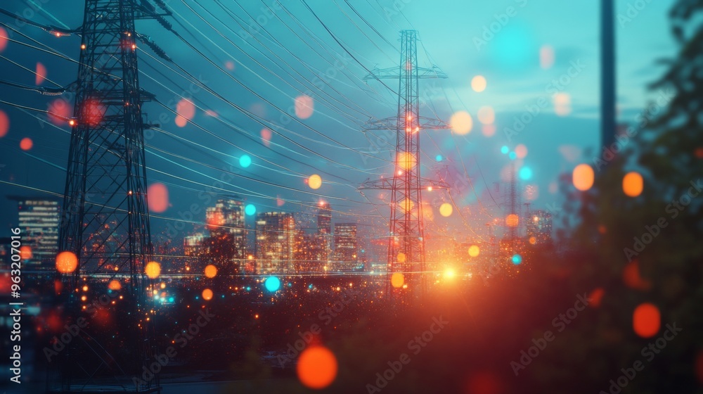 Poster Visualization of electric waves coursing through a futuristic power grid, illustrating the concept of smart cities and renewable energy systems.
