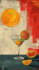Vector illustration of a summer cocktail in a martini glass with orange and lime on a grunge gray background with red strokes and orange circle. Vertical wallpaper perfect for summer designs.