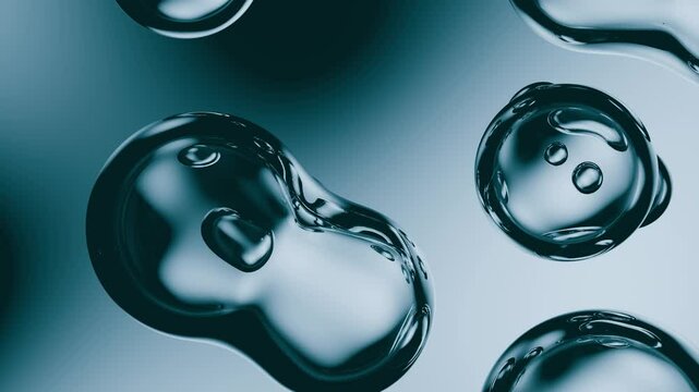 Animation of liquid bubbles. Chaotic movement of liquid molecules on a blue background. Animation for cosmetics, oils, drinks, medicine, science. Liquid metal molecules