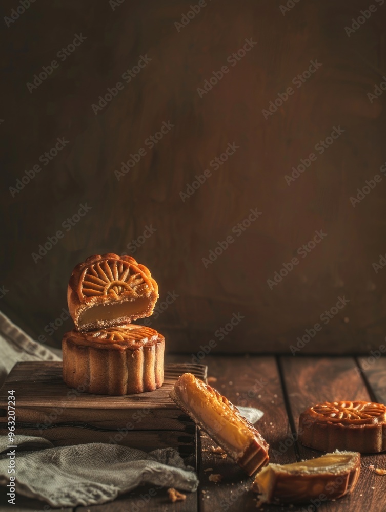 Poster a close up of a plate of pastries with one of them missing. the plate is on a wooden table with a cl
