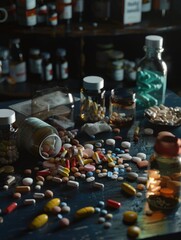 A table full of different colored pills and bottles. Scene is chaotic and disorganized