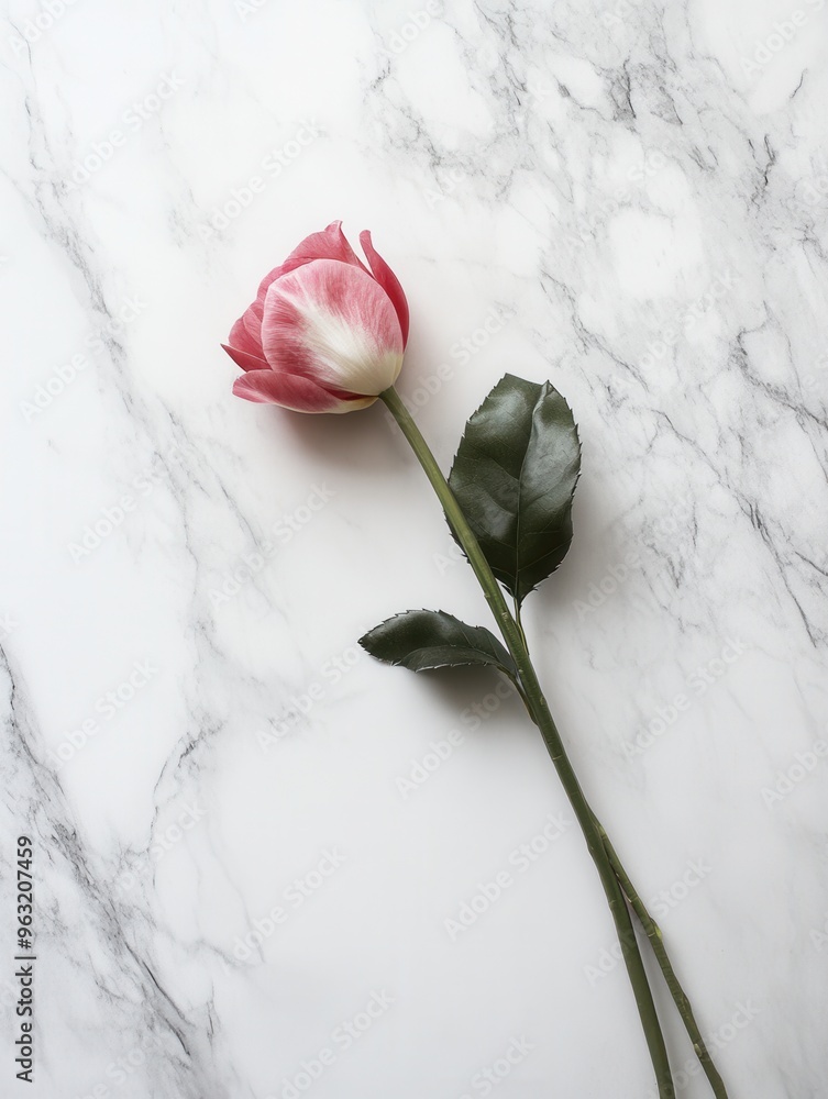Poster a single tulip rests elegantly on a smooth white marble surface, showcasing its vibrant colors again