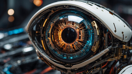 Fototapeta premium Digital Surveillance Closeup of a Robotic Eye with Advanced Technology