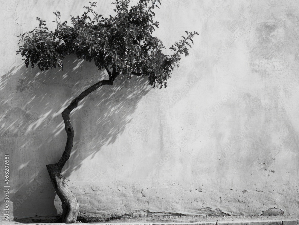 Poster a tree is growing in front of a wall. the tree is tall and has a long trunk. the wall is white and h