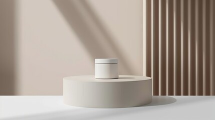 White plastic jar mockup for cream, mask, or cosmetic product placed on a round podium with soft shadows on a beige textured wall. Ideal for branding, product presentation, or beauty ads.