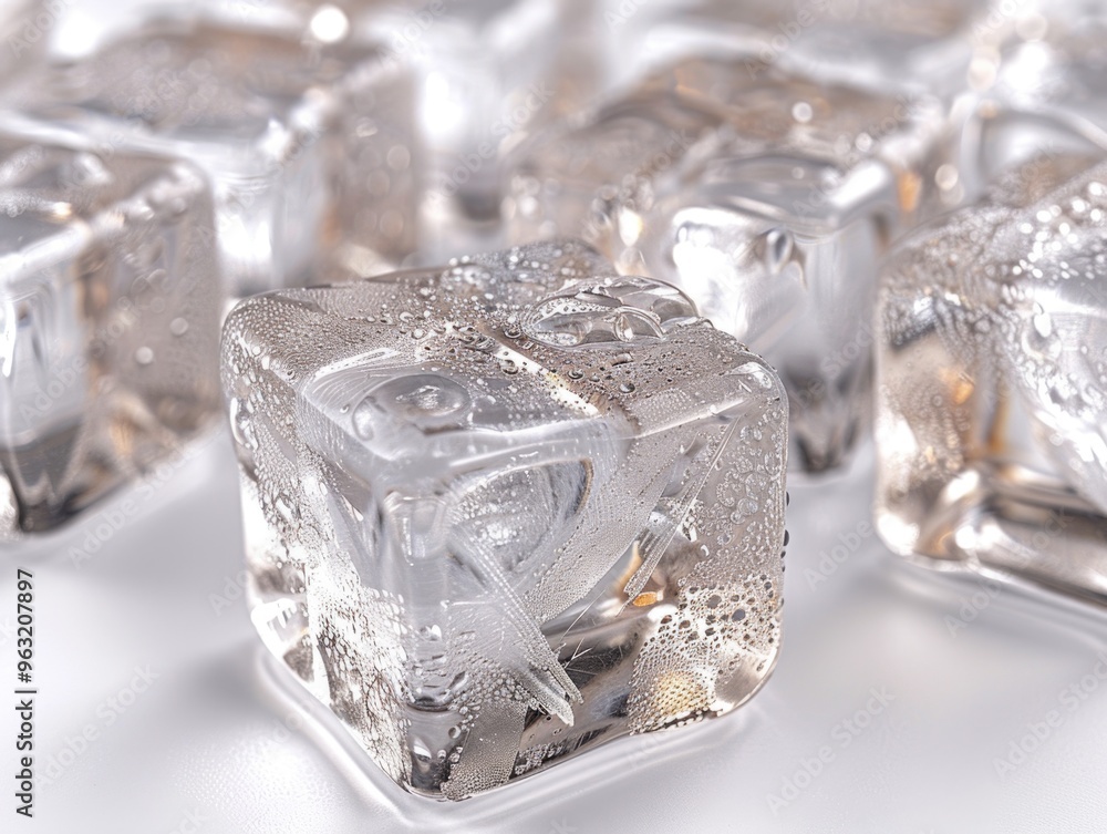 Poster a close up of a cube of ice with water droplets on it. the ice cube is clear and has a frosty appear
