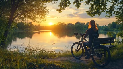 Woman sitting on bench and mountain bike green trees and lake at sunset in spring Colorful landscape with resting girl bicycle river green grass river in park Summer Sport and travel B : Generative AI