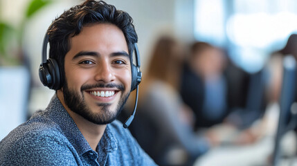 Smiling customer service rep helps clients in a busy call center office, showing teamwork in action