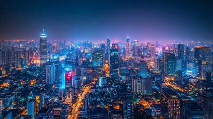 Fototapeta premium Banner smart city dot point connect with gradient line connection technology metaverse concept Bangkok city background at night with big data in Thailand Panorama view : Generative AI