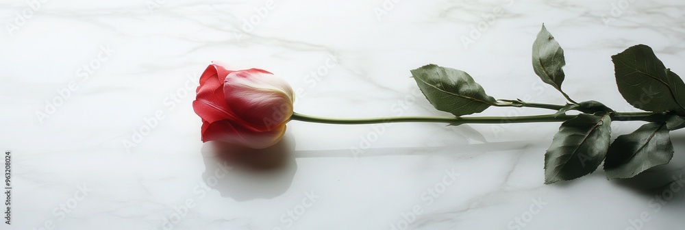 Aufkleber a vibrant rose lies gracefully on a smooth marble surface, creating a serene and minimalistic visual