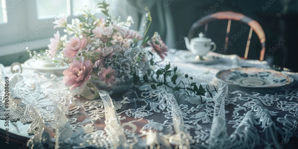 Aufkleber a table with a white lace tablecloth and a vase of flowers on it. the flowers are pink and white and