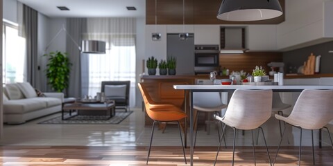 A modern living room with a white dining table and chairs. The room is well lit and has a clean, minimalist design