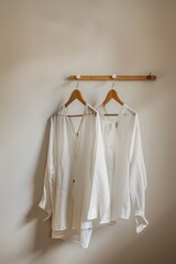 Two white shirts hanging on a wooden hanger. The shirts are neatly folded and appear to be freshly laundered. Concept of cleanliness and organization