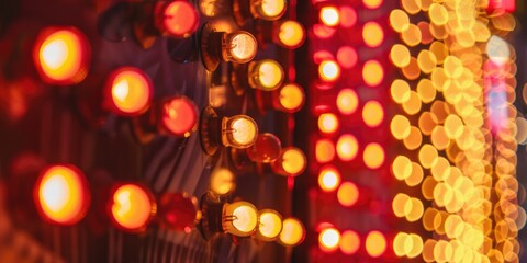 A series of lights are lit up in a red and yellow color scheme. The lights are arranged in a way that creates a sense of movement and energy. Scene is lively and exciting