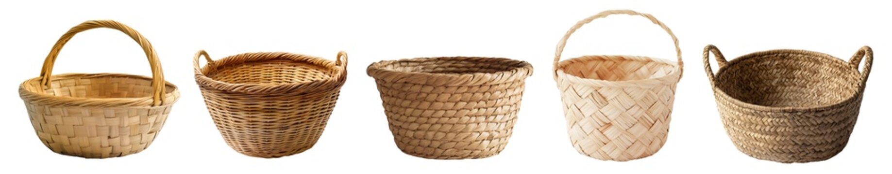 Set of rustic empty bamboo wicker rattan straw weave woven storage basket on transparent background cutout, PNG file. Front view Many assorted different design. Mockup template for artwork