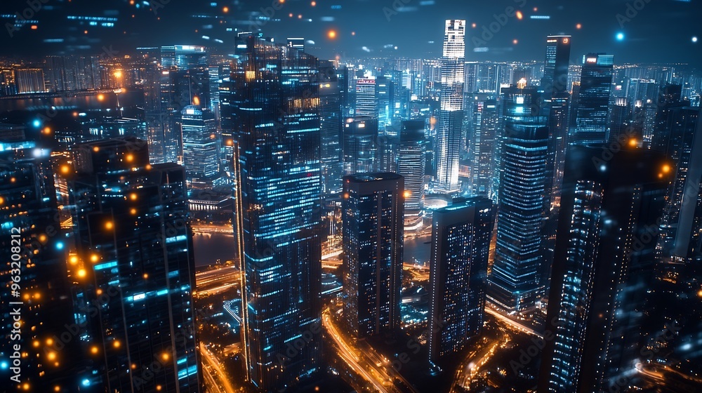 Poster modern cityscape and communication network concept internet of things ict information communication 
