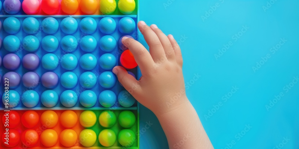 Poster a child is playing with a colorful toy that has a red ball in the middle. the toy is a puzzle with m