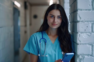 A woman in a blue scrubs holding a cell phone. She is smiling and she is happy