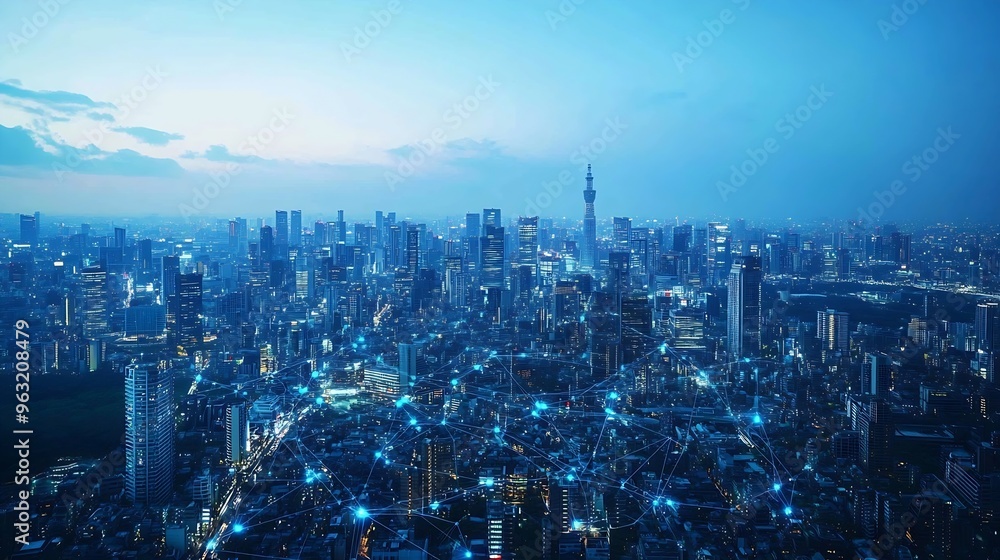 Poster Modern city and wireless communication network concept Smart city Digital transformation Visual with copy space for advertisements and banners : Generative AI