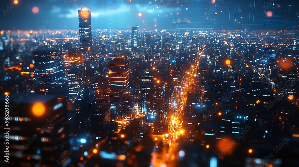 Poster modern city night view and digital communication network concept wide angle visual for banners or ad