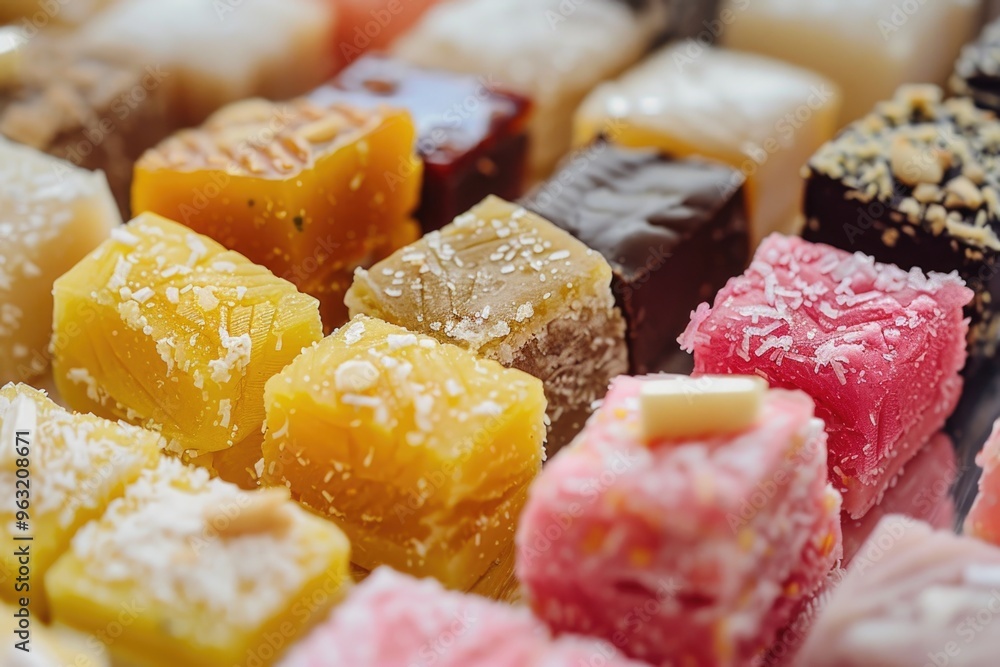 Poster a colorful assortment of candy pieces, including some with nuts and others with fruit. the variety o