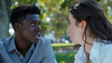 Fototapeta premium A man and a woman are sitting on a bench and talking. The man is wearing a gray shirt and the woman is wearing a white shirt