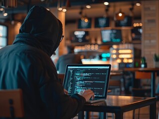 Covert Hacker Coding in a Coffee Shop  Blending in with Everyday Crowd  Laptop Screen Displaying Intricate Hacking Software