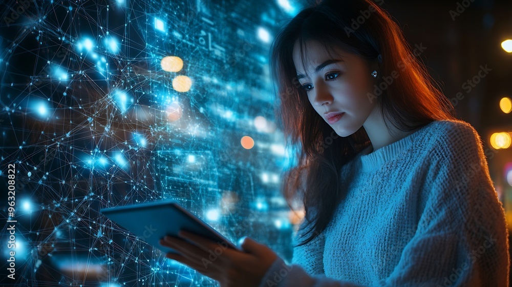 Fototapete Woman on digital tablet futuristic network overlay and iot cloud data communication hologram with blockchain coding technology Future of cyber security fintech software and information : Generative AI