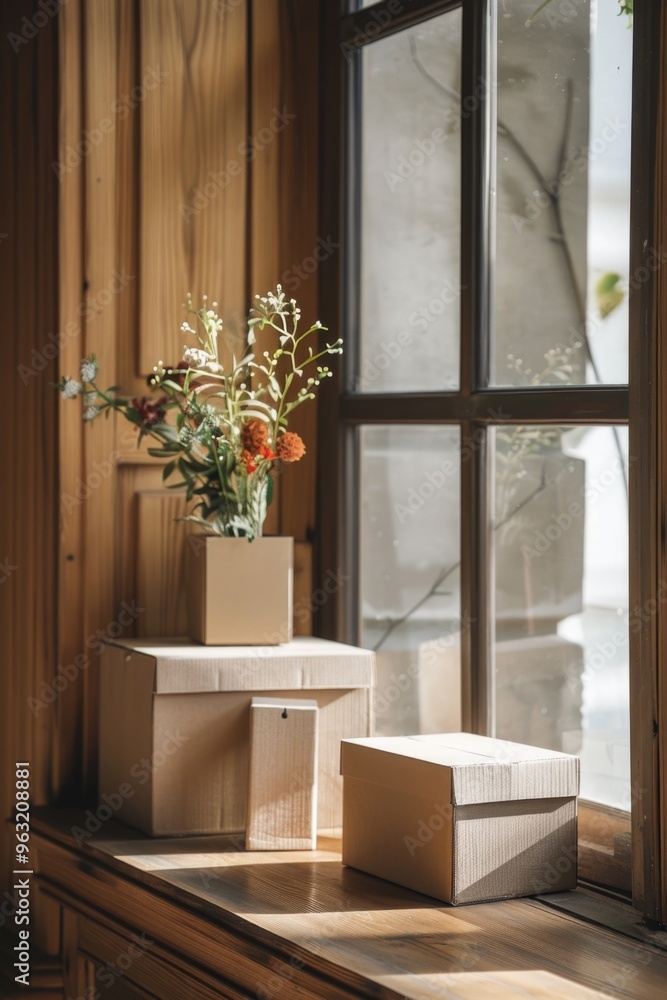 Poster a window sill with a vase of flowers and three cardboard boxes. the boxes are stacked on top of each