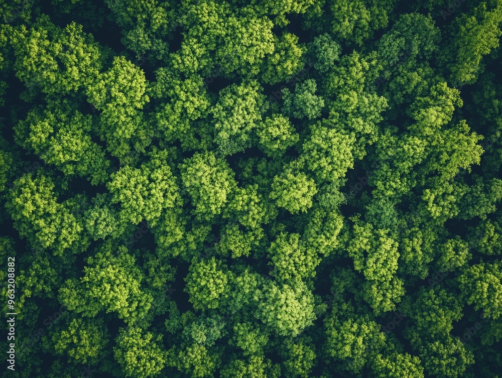 Aufkleber a lush green forest with trees of various sizes. the trees are densely packed, creating a sense of d