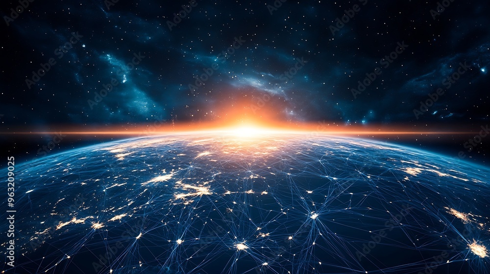 Poster Global world network and Communication technology conceptbig dataiot Solutionnew normaldigital twinvrwireless and 5g for internet business on earthElements of this image furnished by N : Generative AI