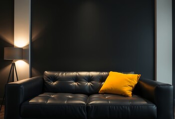 black leather sofa with a yellow pillow and light around on a black wall interior living room with the blank mockup 