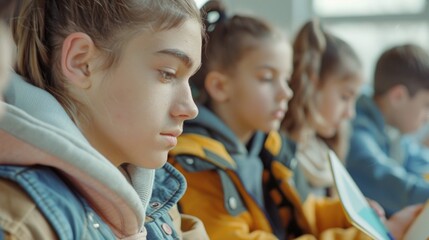 Obraz premium A group of children are sitting in a classroom, with one girl looking at the camera. Scene is one of learning and concentration