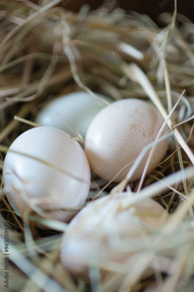 Poster a nest of eggs with a few of them cracked open. the eggs are white and the nest is made of straw